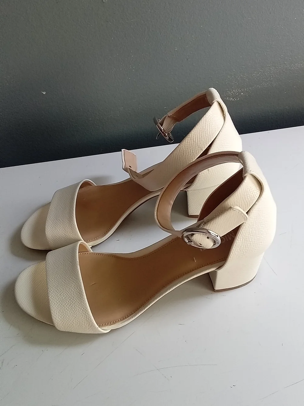 Michael Kors Cream Textured Block Heel Ankle Strap Sandal Off White Silver Buckl